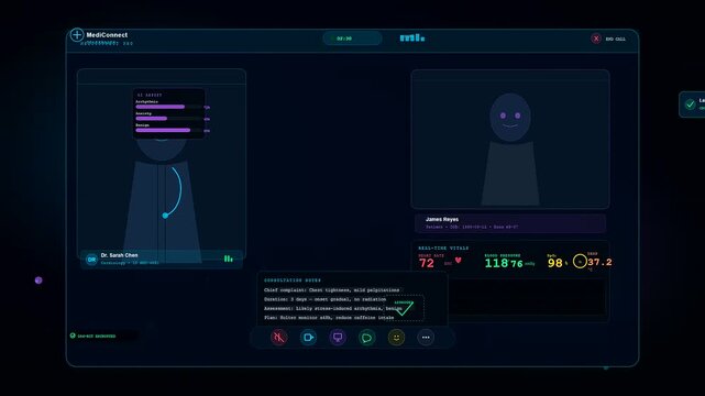 Patient vital metrics fluctuate while a virtual telehealth consultation screen dynamically displays real time notes and incoming laboratory test results for analysis.