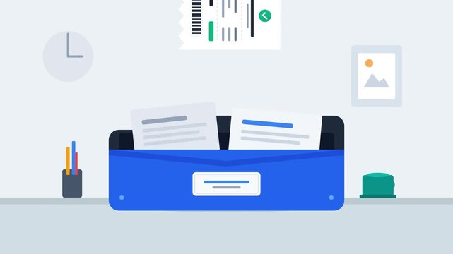 Flat vector motion animation of business receipts being filed into a blue organizer box in the office
