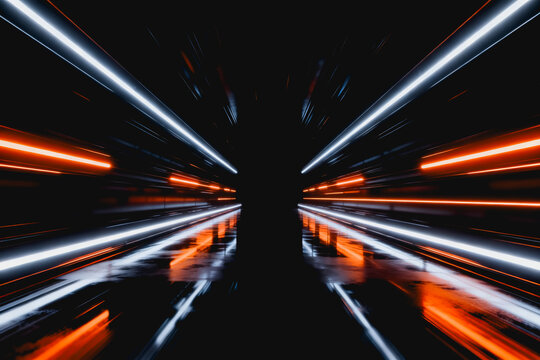 A symmetrical futuristic tunnel with glowing orange and white neon lines, featuring sharp reflections on a dark, glossy surface.