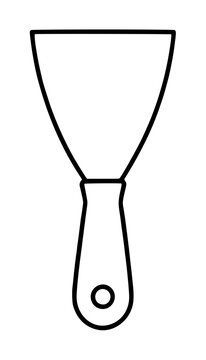 Hand-drawn vector icon of a spackle knife scraper tool, simple black outline illustration on white background, perfect for renovation and DIY graphics