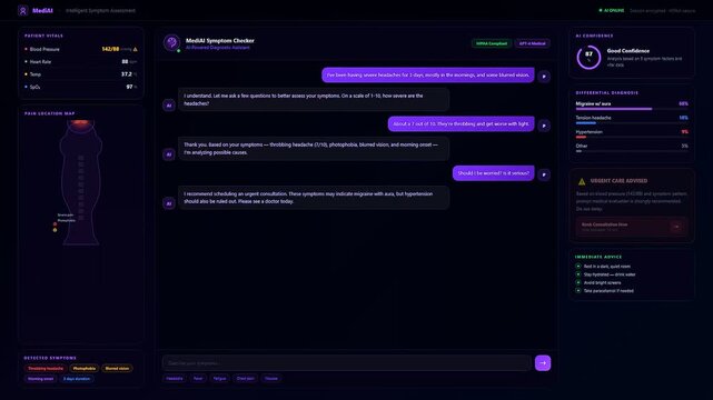 A dynamic telehealth consultation screen displays an intelligent healthcare chatbot analyzing user symptoms to calculate real time diagnostic metrics and immediate clinical advice.