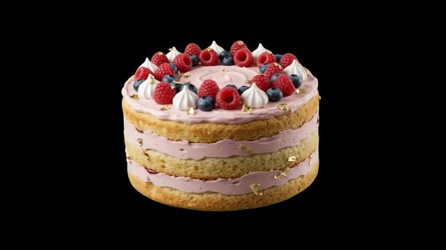 A mouthwatering sponge layer cake layered with berry cream frosting and garnished with fresh raspberries and blueberries isolated against a dark black background. Great for luxury dessert advertising,