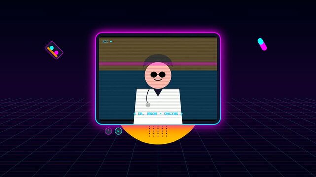 A retro synthwave animation showcasing a virtual telehealth consultation screen with a vector doctor character on a glowing digital monitor over a grid background.
