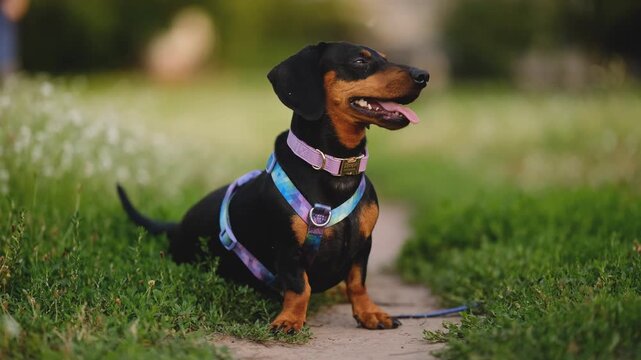 Cute Black and Tan Dachshund Dog in Colorful Harness Sitting Outdoors in Summer Park