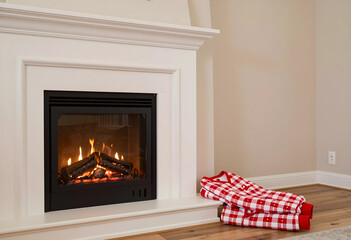 Naklejka premium Cozy home interior with a burning fireplace and folded red plaid pajamas on the hearth, warmth and comfort concept, Sense of domestic tranquility and a comfortable lifestyle