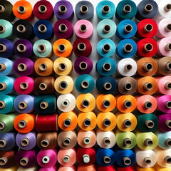 Fototapeta premium Colorful sewing thread spools arranged in a grid pattern, textile industry and craft supplies background