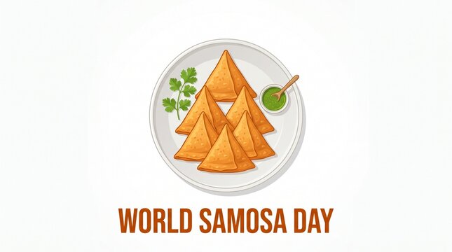 Crispy samosas served with green chutney on plate.
