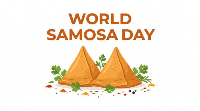 Two crispy samosas with herbs and spices illustration.
