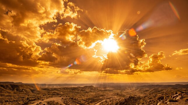 Bright sun rays break through clouds over desert
