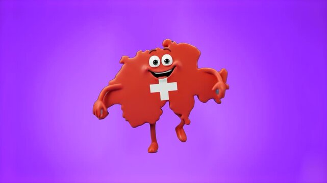 A cheerful 3D mascot shaped like the map of Switzerland with its national red and white flag texture dances against a vibrant purple studio background. Ideal for European geography lessons, tourism pr