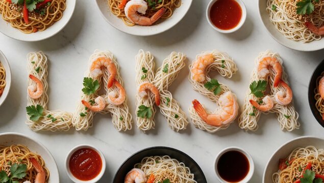 Collection different types noodles arranged shape word laser white marble countertop there bowls total each ty
