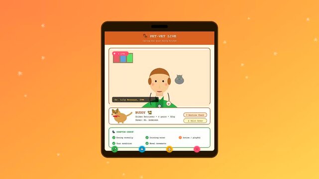 An animated vector video displays a telehealth consultation screen on a tablet showing symptom checklists and medical assessments for virtual pet healthcare.