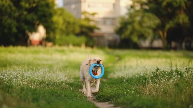 Playful Yellow Labrador Retriever Running Towards Camera with Blue Puller Toy in Mouth