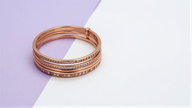 Rose gold bangles with diamonds, elegant and luxurious against soft purple-white background.