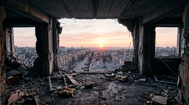 Abandoned destroyed building interior overlooking city sunset view