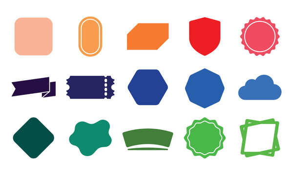 Collection of various colorful geometric badge and label shapes with geometric