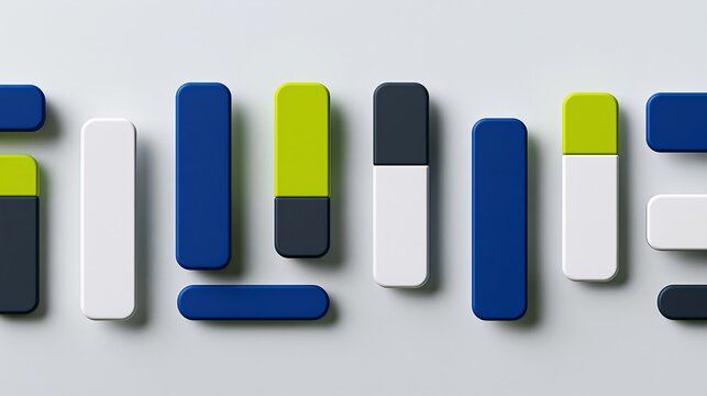 Geometric 3d rounded rectangular shapes in blue, green, and grey colors on light grey