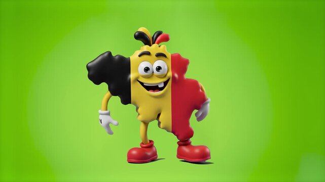 A friendly 3D Belgium country map mascot decorated with the tricolor flag dancing happily on a light green background. Suitable for European geography presentation assets, travel ads, national holiday