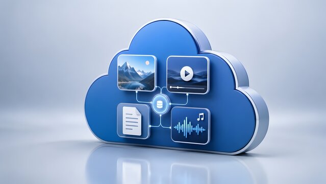 Blue 3D cloud icon displaying interconnected digital media interface panels. Concept of cloud multimedia storage, and online content platform.