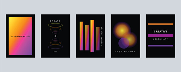 Set of five abstract posters featuring vibrant gradient shapes, geometric lines, and minimalist typography on a solid black background layout © Adobe