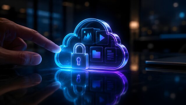 Holographic cloud storage padlock icon and media files touched by a hand. Concept of secure cloud computing, and encrypted data archiving.