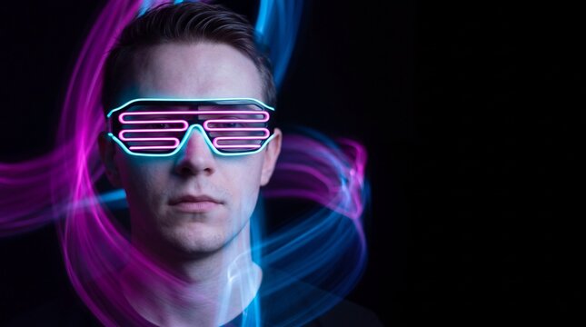 Man wearing futuristic neon LED glasses. Cyberpunk portrait with glowing light trails.