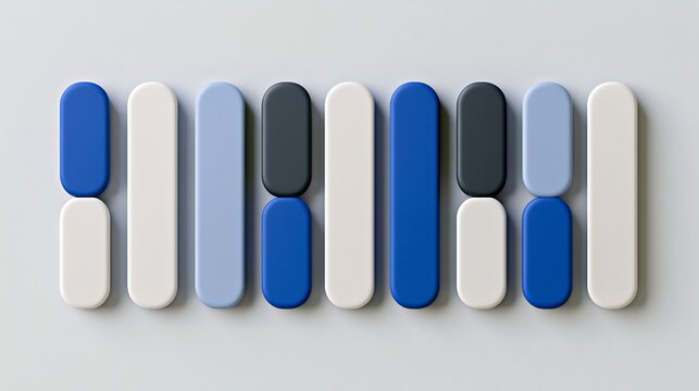 Abstract 3d rounded rectangular bars in blue, grey, and colors arranged on light