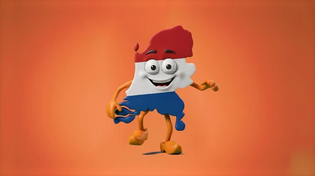 A happy 3D Netherlands map character styled with the Dutch national flag dancing joyfully on an orange background. Great for Dutch culture videos, King's Day celebrations, travel promos, European geog