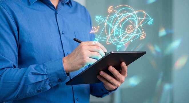 Professional using digital tablet with hologram. Man interacting with futuristic data interface.
