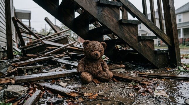 Abandoned teddy bear sits amid ruins after natural disaster and storm