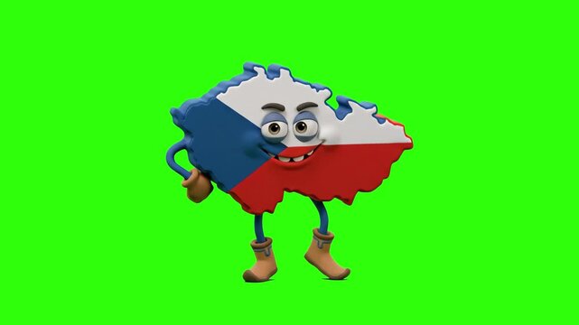 A cheerful 3D Czech Republic map character decorated with national flag colors standing proudly isolated on a solid green chroma key backdrop. Perfect for geography video lessons, European travel chan