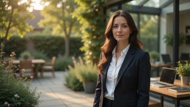 Confident businesswoman outdoor office modern garden professional attire remote work natural light green plants patio workspace executive portrait serene moodprofessional portrait office concept