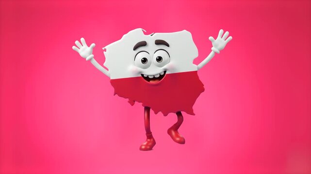 A cheerful 3D animated character in the shape of the map of Poland with white and red national flag colors, dancing joyfully against a vibrant pink studio backdrop. Perfect for travel advertising, cul