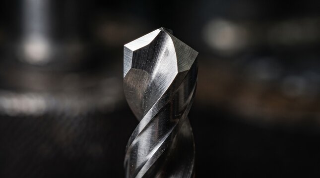 Macro close up of steel drill bit tip with sharp cutting edges for industrial machining, engineering, manufacturing and precision tool concept