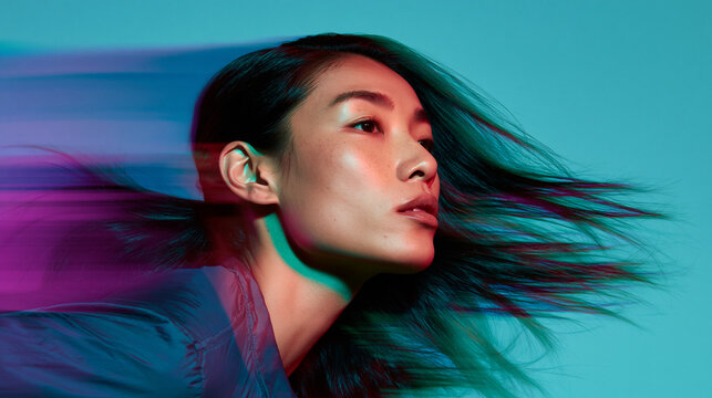 Asian Woman Profile with Speed Motion Blur and Neon Light