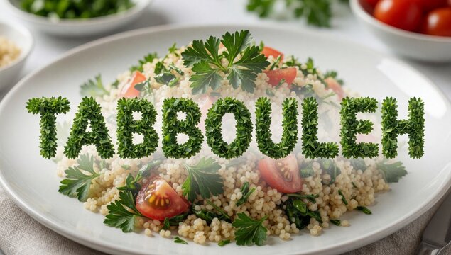 Close-up plate tabouleh middle eastern dish made couscous tomatoes herbs white round garnished fresh parsley w