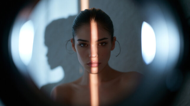 Beautiful Woman Portrait Framed in Circle with Dramatic Light
