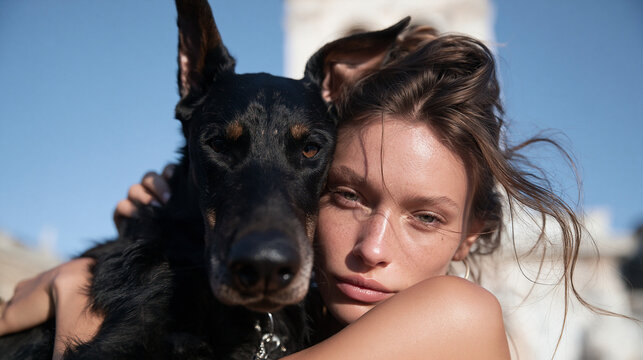 Young Woman Hugging Her Doberman Dog Outdoors