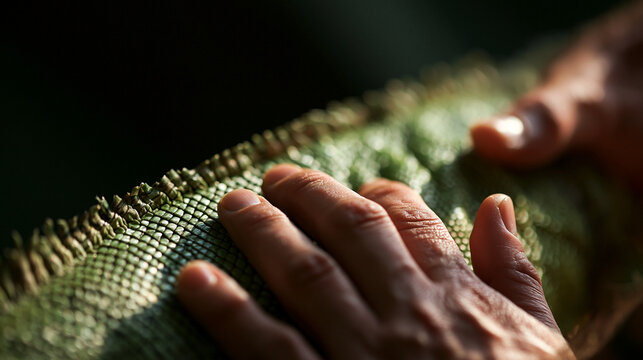 Close Up of Human Hand Touching Green Iguana Scales
