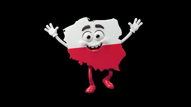 A cheerful 3D mascot shaped like the map of Poland with its national flag colors waving hands isolated on a dark black background. Great for European geography lessons, travel promos, and cultural vid