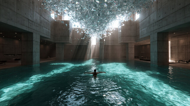 Person Swimming in Luxury Brutalist Indoor Pool with Crystal Installation