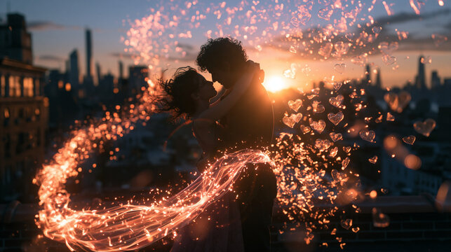 Romantic Couple Embracing at Sunset with Magical Light Effects