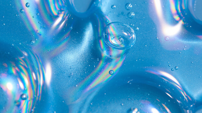 Abstract Iridescent Blue Gel Texture with Liquid Bubbles