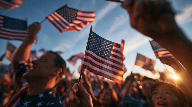 Crowd of People Waving Small American Flags at Outdoor Rally