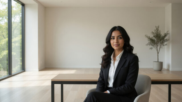 Elegant business woman office, professional female portrait, confident manager, corporate leader, modern workspace, natural light, calm moodprofessional portrait office concept