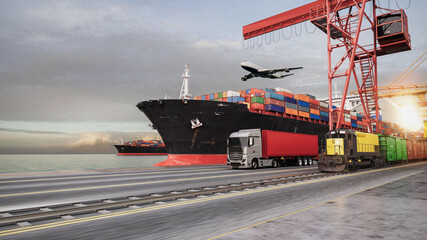 Naklejka premium Intermodal Cargo Transport with Container Ship Truck Train and Airplane