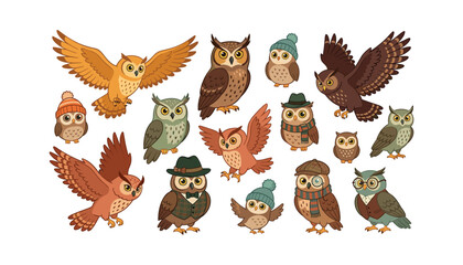 Fototapeta premium Cute cartoon owls vector collection with funny forest birds wearing winter hats glasses and gentleman outfits