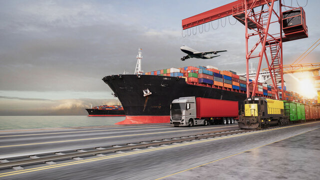 Intermodal Cargo Transport with Container Ship Truck Train and Airplane