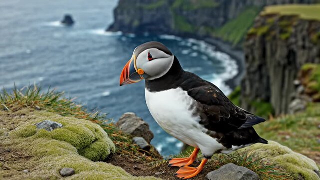 A puffin bird stands on a grassy cliff edge overlooking the ocean with dramatic rocky shores and sea stacks