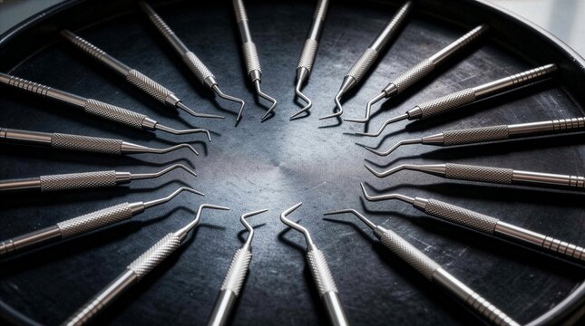 Symmetrical Circular Arrangement of Stainless Steel Dental Scalers and Probes on Dark Tray